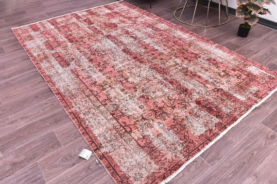 5x8 Vintage Turkish Faded Rug, Ombre Design, Handmade Wool, Pink Brown Color, Distressed Rug
