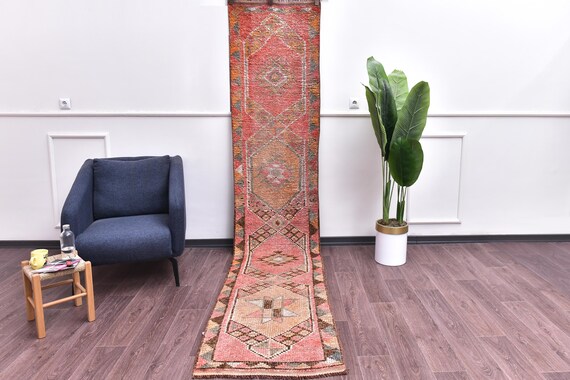 2x11 Handwoven Vintage Runner Rug, Salmon Amber Color, Handmade Wool, Tribal Design, Hallway Kithcen Rug
