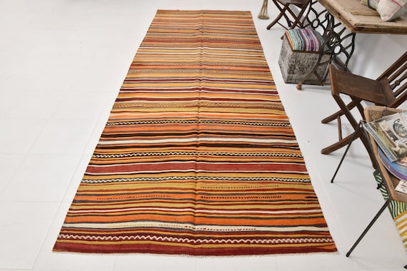 5x13 Area Rug, 5x13 Kilim Rug, 5x13 GEOMETRIC & TRIBAL KILIM Rug, 5x13, Oushak Handmade Kilim, 5x13 Rugs, Orange Red Kilim, Anatolian 59s