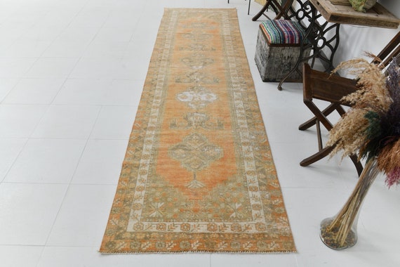3x12 Rug, 3x12 VINTAGE TURKISH RUNNER, 3x12, Oushak Handmade Rug, 3x12 Turkish Runner, Shades Of Orange Tones, Farmhouse Decor, Rug For Hall