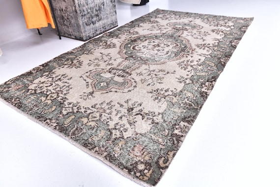 3x6 Turkish Small Accent Rug, Green Cream Color, 3x6 Medallion Style, Handmade Wool Rug, 3x6 Vintage Rug, Oriental Rug 3x6 Area Rug