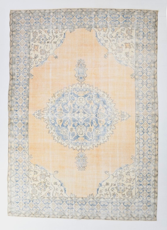 8x11 Beige Medallion Area Rug, Distressed Vintage 8x11 Oversize Vintage, 8x11 Blue Beige Vintage Rug, Oversize Vintage Rug, Large Area Rug,