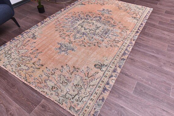 5x8 Vintage Distressed Area Rug, 5x8 Muted Orange Green Color, 5x8 Living Room Decor, Denmark Style, 5x8 Neutral Rug, 5x8 Area Rug