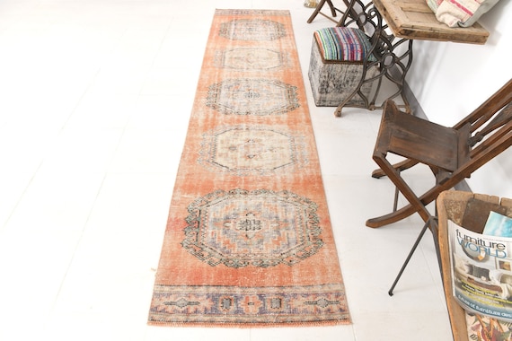 2x11 Rugs, 2x11 VINTAGE PERSIAN RUNNER Rug, 2x11 Runner Rug, Persian Runner, Wool Handmade Turkish, Orange & Beige Rugs, Long Narrow Hallway