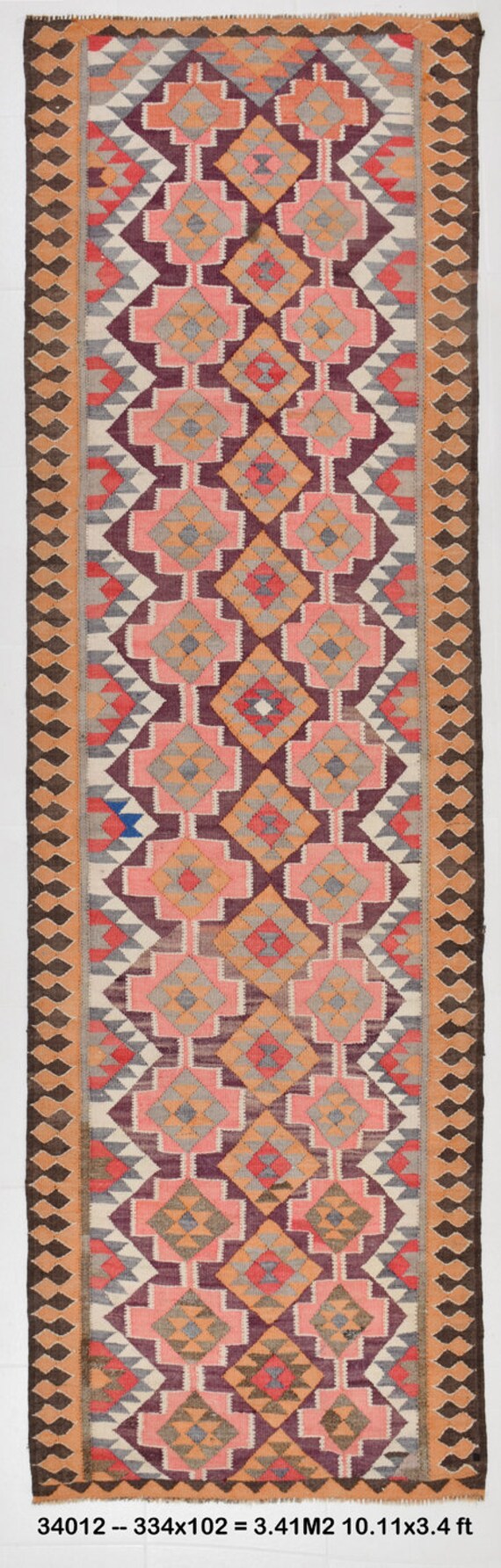 3x11 Rug, 3x11 TURKISH KILIM RUNNER, 3x11, Kilim Runner Rug, Handmade Kilim Rug, 3x11 Runner Rug, Salmon & Purple Kilim Rug, Kilim Rug 3x11