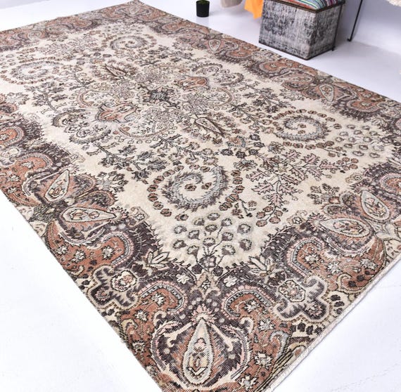 7x11 Large Vintage Ornate Rug, 7x11 Neutral Beige Distressed Oriental Rug, Farmhouse Decor, 7x11 Area Rug, 7x11 Handmade Wool Rug, 7x11 Rug