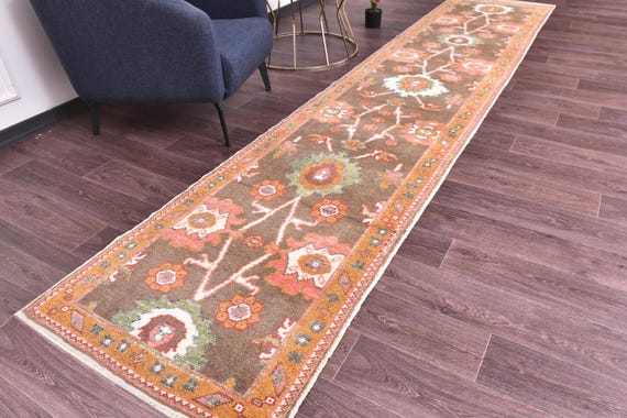 3x14 Vintage Oushak Runner Rug, Brown Mustard Pink Color, 3x14 Vintage Runner, 3x14 Wool Handwoven Rug, 3x14 Soft Wool Rug, Hallway Rug