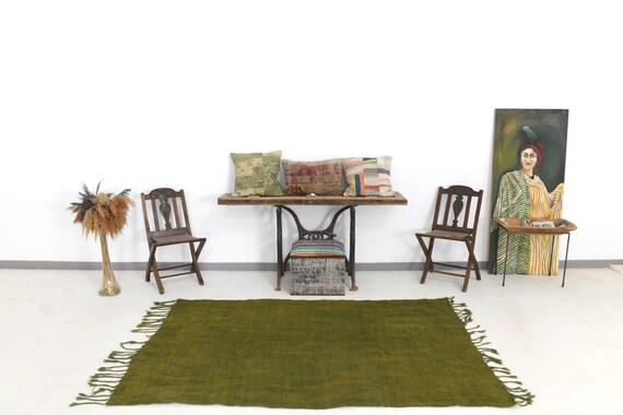4x7 Area Rug, 4x7 Turkish Rug, 4x7 Pastel Green Vintage Hemp Rug, 4x7, Fringed Handmade Hemp, 4x7 Hemp Rug, Bohemian Eclectic Style, Antique