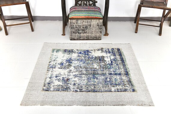 3x4 Area Rug, 3x4 Faded Vintage, 3x4 Gray Blue Turkish Vintage Rug, Wool Handmade Oushak, 3x4 Doormat Rug, Aesthetic Rug For Bedroom, Gift