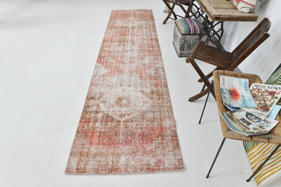 3x12 Runner Rug, 3x12 Turkish Runner, 3x12 TURKISH VINTAGE RUNNER Rug, 3x12, Wool Handmade Oushak, Shades Of Salmon & Orange, Rug For Hall