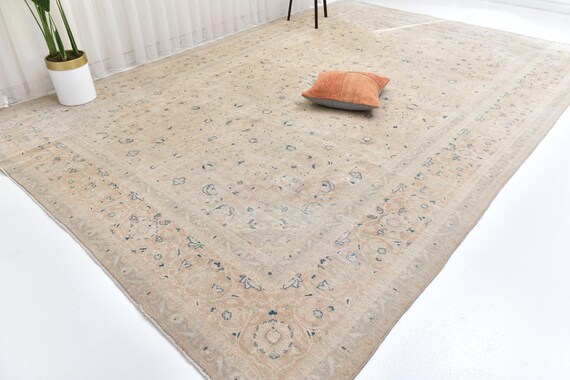 9x13 Antique Faded Persian Area Rug, 9x13 Large Traditional Wool Rug, Beige Blue Floral Motifs, 9x13 Oriental Home Decor, Handmade