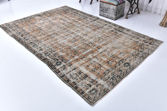 5x9 Vintage Faded Caramel Rug, 5x9 Handmade Area Rug, 5x9 Rug, Peach Green Color, 5x9 Living Room Bedroom Rug, 5x9 Area Rug