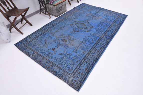 5x9 Overyded Blue Turkish Vintage Rug, 5x9 Vintage Rug Handmade Oushak Rug Area Rug 5x9 Royal Blue Rug, Living Room Rug, 5x9 Area Rug
