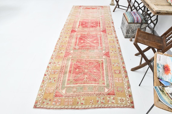 4x11 Vintage Area Rug, 4x11 Red & Beige Tribal Vintage Rug, 4x11, Wool Handmade Oushak, 4x11 Rugs,Red Beige Carpet, Rug For Hallway, Antique