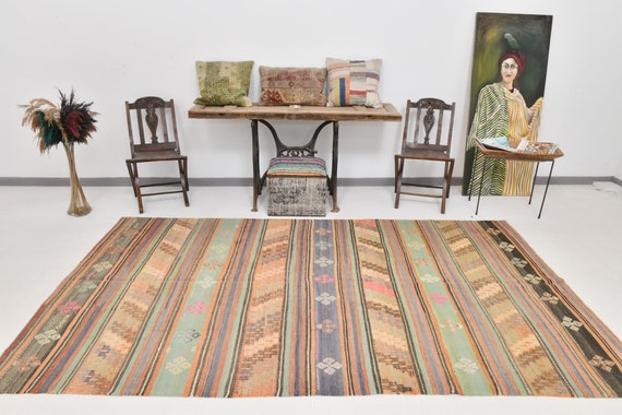 6x10 Area Rug, 6x10 Persian Kilim, 6x10 Modern Striped Kilim Rug, 6x10, Turkey Handmade Kilim, 6x10 Kilim Rug, Orange Brown Kilim, Antique