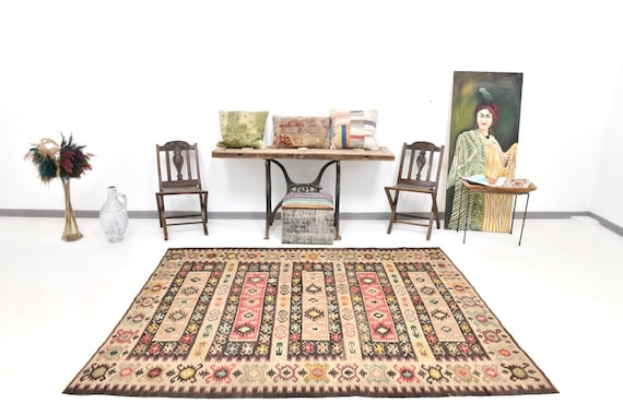 4x6 Area Rug, 4x6 Soft Pastel Kilim, 4x6 Turkish Vintage Kilim Rug, 4x6, Handmade Wool Rug, 4x6 Rug, Red Brown Kilim Rug, Ethnic Bohemian