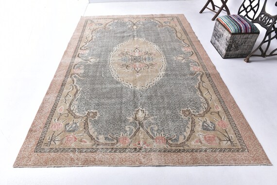 6x9 Steel Gray Peach Turkish Rug, 6x9 Turkish Rug, 6x9 Rug, Retro Handmade Wool Rug, 6x9 Area Rug, Turkish Rug 6x9, Rug For Living Room, 56s