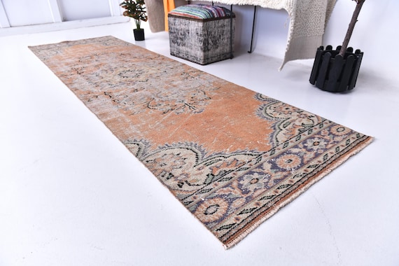 3x10 Vintage Hallway Runnner Rug, 3x10 Handmade Wool, 3x10 Geometric Medallion Runner, Dusty Orange Brown Color, Faded Runner Rug, 3x10 Rug
