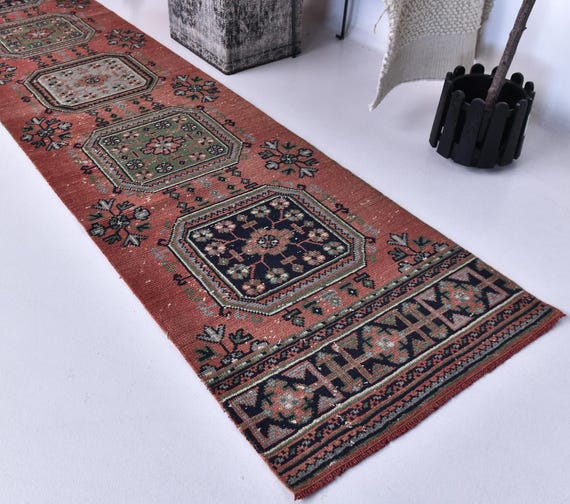 2x11 VİNTAGE TURKİSH RUNNER, 2x11 Salmon Pink Color Rug, 2x11 Handmade Wool Rug, 2x11 Hallway Runner 2x11 Kitchen Runner Entryway Decor