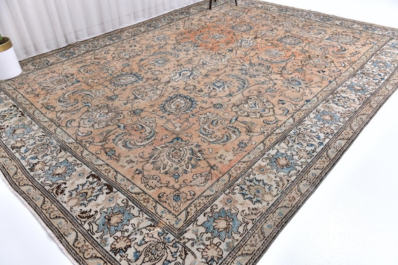 10x13 Peach Blue Oversize Persian Rug, Extra Large Area Rug, 10x13 Rugs, Handmade Wool Persian Rug, 10x13 Persian Rug, Rug For Living Room