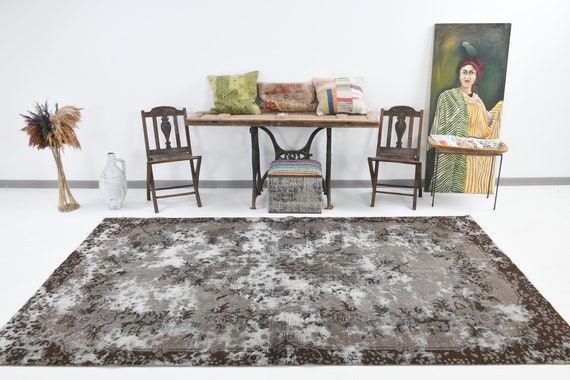6x10 Hand-Woven Turkish Rug: Gray Brown Floral Vintage Area Rug