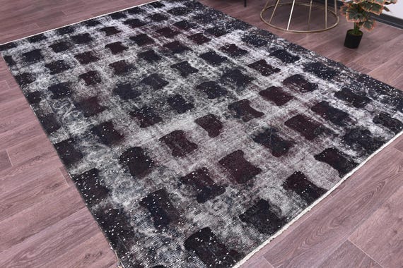 6x9 Vintage Distresset Area Rug, Handmade Wool Rug, 6x9 Black Gray Color, Abstrach Patterned Rug, Farmhouse Rug, 6x9 Living Room Rug