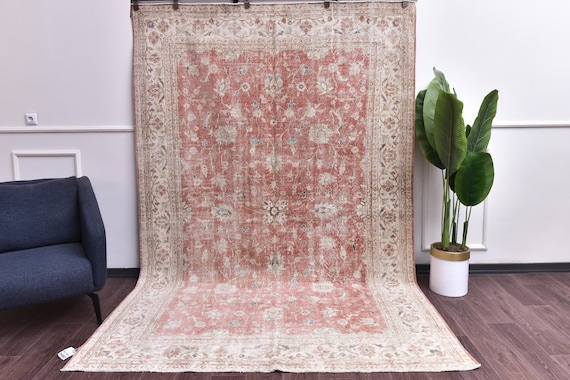 6x10 Faded Vintage Oriental Area Rug, Handmade Wool, Living Room Rug, Pale Red Cream Color