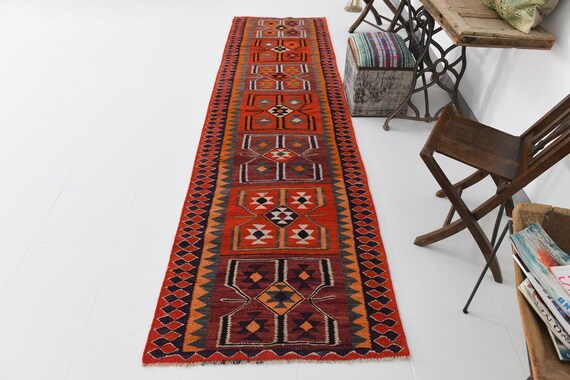 3x11 Runner Rug, 3x11 Herki Kilim, 3x11 VINTAGE KILIM RUNNER Rug, 3x11 Kilim Runner, Wool Handmade Oushak, Navy Blue & Orange Rug, Antique