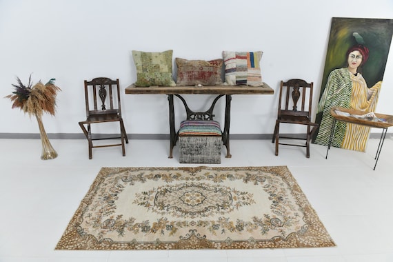 4x7 Turkish Vintage Area Rug, 4x7, Oushak Handmade Rug, 4x7 Rugs, Farmhouse Decor, Beige & Brown Vintage Rug, Turkish Rug 4x7, Anatolian 59s