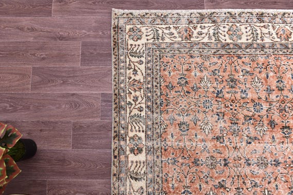 7x11 Vintage Peach Rug, 7x11 Peach Green Rug, 7x10 Floral Area Rug, 7x10 Living Room Rug, 7x10 Faded Distressed Rug Handmade Large Area Rug