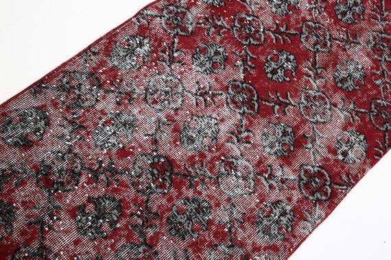 2x10 Wine Red Turkish Vintage Runner Rug, 2x10 Vintage Runner, 2x10 Rugs, Wool Handmade Oushak, 3x10 Turkish Runner, Botanical Floral Hall