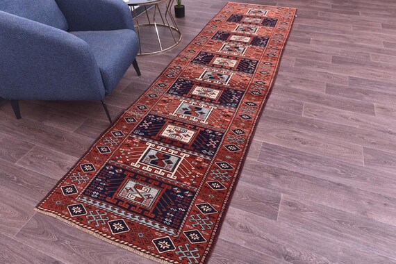 3x11 Vintage Turkish Runner Rug, Rich Red Navy Blue Color, Handmade Wool, 3x11 Hallway Kithcen Rug, Soft Wool Rug, Traditional Runner Rug