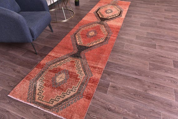 3x11 Vintage Turkish Runnner Rug, Red Black Color, 3x11 Kithcen Entryway Runner Rug, 3x11 Handmade Wool, 3x11 Geometric Runner, 3x11 Rug