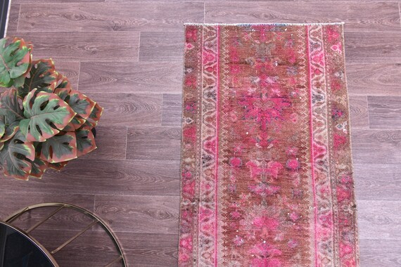 2x9 Vintage Runner Rug, Handmade Wool Rug, Brown Pink Color, 2x9 Floral Hallway Rug, 2x9 Kithcen Runner Rug, 2x9 Area Rug