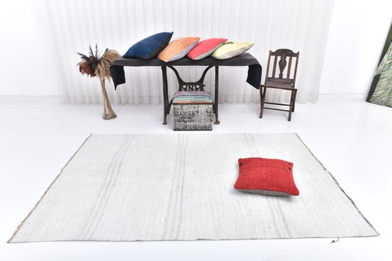 Antique Vintage Turkish Rug, 5x8 Beige Cream Hemp Area Rug, 5x8 Oversize Rug, Large Area Rug, 5x8 Handwoven Hemp Rug Bohemian Eclectic Decor