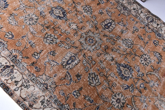 5x8 Vintage Caramel Tones Rug, 5x8 Handmade Wool Rug, 5x8 Brown Blue Cream Rug, Living Room Decor, 5x8 Area Rug, Wool Rug,  Distressed Rug