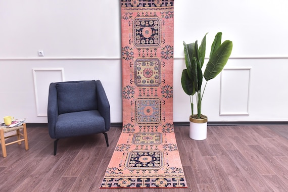 2x11 Vintage Salmon Runner Rug, Muted Pink Blue Color, Handmade Wool, Tribal Design, Hallway Kithcen Rug