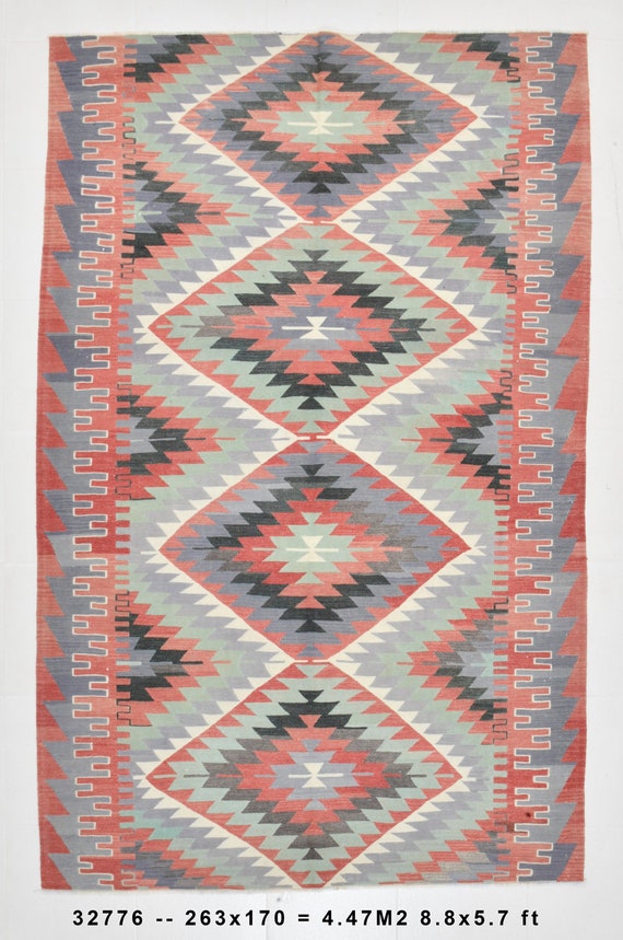 5x9 Area Rug, 5x9 ANATOLİAN TRILBAL KILIM Rug, 5x9, Green & Blue Kilim Rug, Wool Handmade Oushak Kilim, Kilim Rug 5x9, Rug For Farmhouse 60s