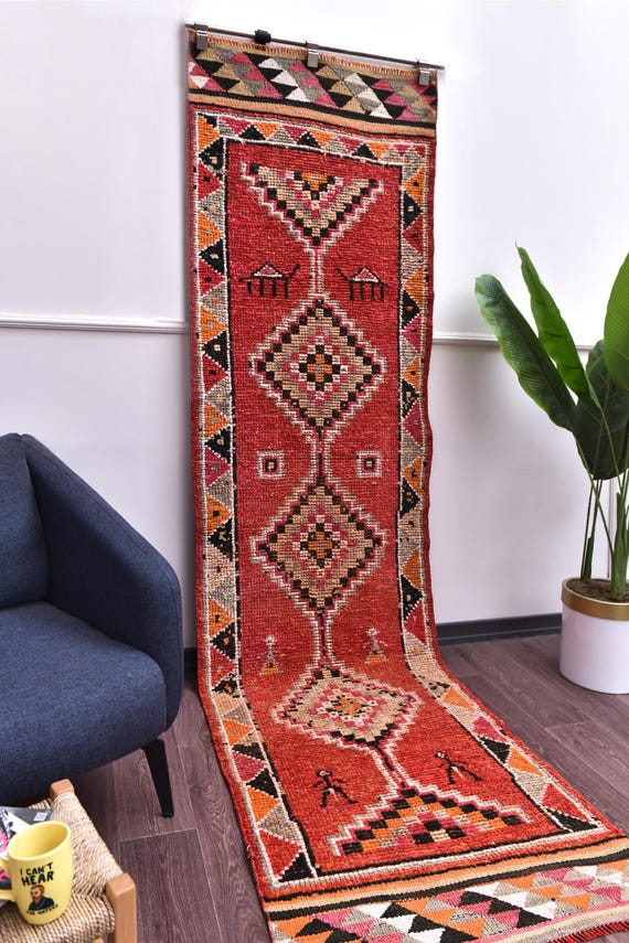2x10 Hand Woven Vintage Red Runner Rug, Red Orange Color, Geometric Pattern, Hallway Rug, Farmhouse Decor