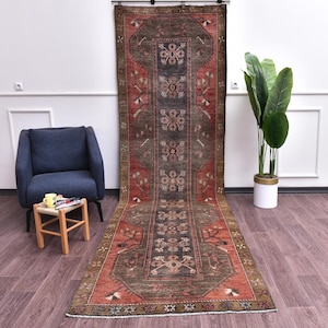 4x13 Vintage Handmade Faded Rug, Burgundy Brown Color, Tribal Unique Rug