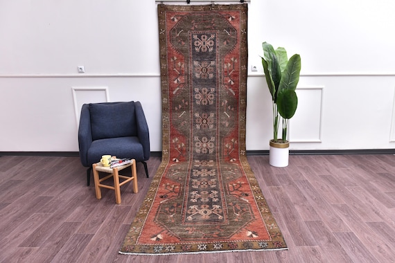 4x13 Vintage Handmade Faded Rug, Burgundy Brown Color, Tribal Unique Rug
