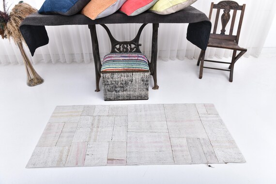2x5 Vintage Area Rug, Turkish Hand-made Patch-Work Hemp, 2x5 White & Beige Soft Hemp Rug, 2x5, 2x5 Rugs, 2x5 White Beige Antique Carpet-Rug