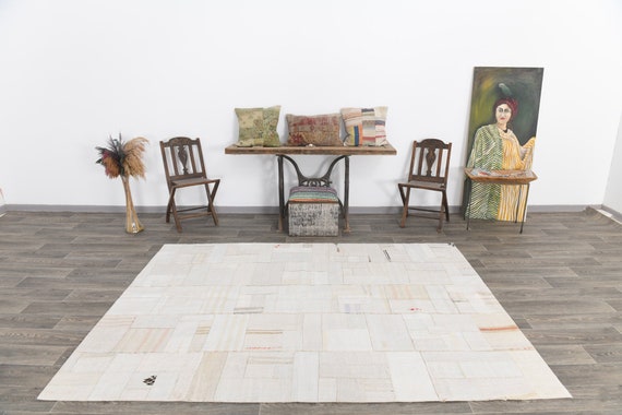 5x6 Hemp Area Rug, 5x6 White & Beige Soft Hemp Rug, 5x6, Turkish Handmade Hemp, 5x6 Rugs, White Beige Carpet, 5x6 Vintage Rug, Antique