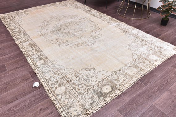 6x10 Vintage Faded Turkish Area Rug, Handmade Living Room Rug, Cream Brown Color, Traditional Rug