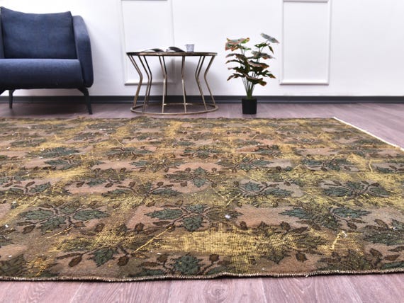 6x9 Vintage Leaf Overdyed Rug, Mustard Color, 6x9 Area Rug, Farmhouse Decor, Leaf Rug, 6x9 Rug, Living Room Bedroom Rug, Faded Rug 6x9