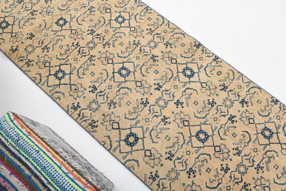 2x9 Vintage Turkish Runner Rug, Beige Blue Color Runner Rug, 2x9 Hallway Rug, 2x9 Handmade Runner Rug, Step Rug, Doorway Rug