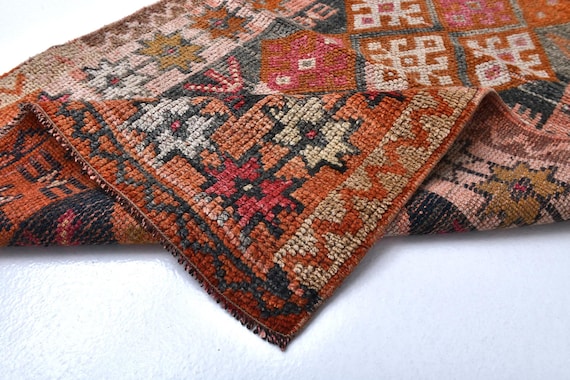 3x13 VINTAGE TURKISH RUNNER Rug, 3x13 Turkish Runner, Aesthetic Handmade Wool Rug, 3x13 Rugs, Shades Of Brown & Orange Rug, Rug For Kitchen