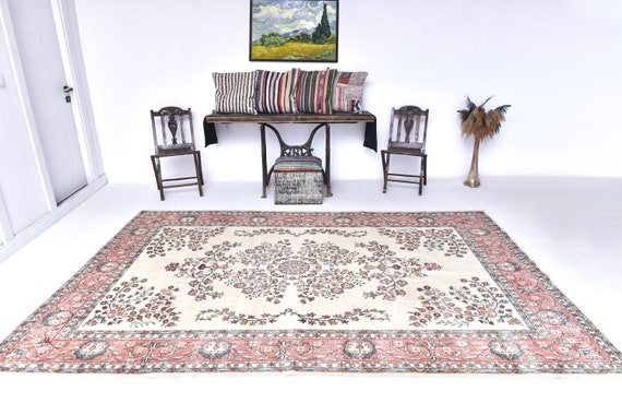 7x10 Red & Cream Retro Vintage Rug, Oversize Vintage Rug, Large Area Rug, Antique Handmade Wool Rug, 7x10 Rugs, Vintage Rug 7x10, Rugged Rug
