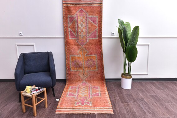 3x10 Vintage Handmade Traditional Runner Rug, Soft Wool Rug, Hallway Kitchen Runner Rug, Pale Red Color