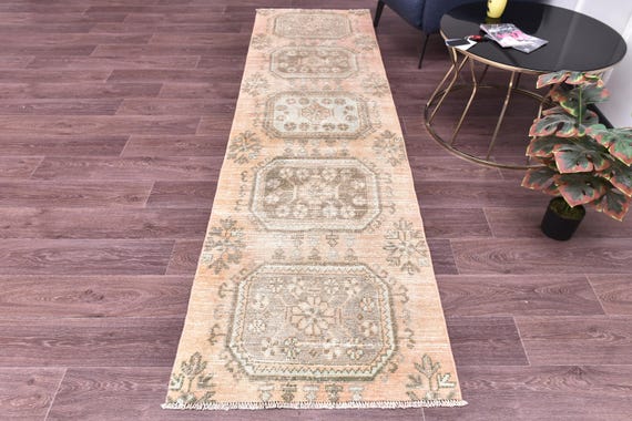 2x10 Handmade Faded Runner Rug, Vintage Turkish Rug, Soft Peach Salmon Color, Kitchen Hallway Rug, Tribal Rug